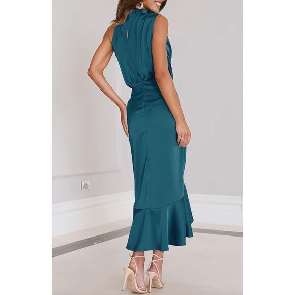 NEW Satin Sleeveless Mock Neck Wrap Mermaid Hem Maxi Dress XL - Picture 6 of 8